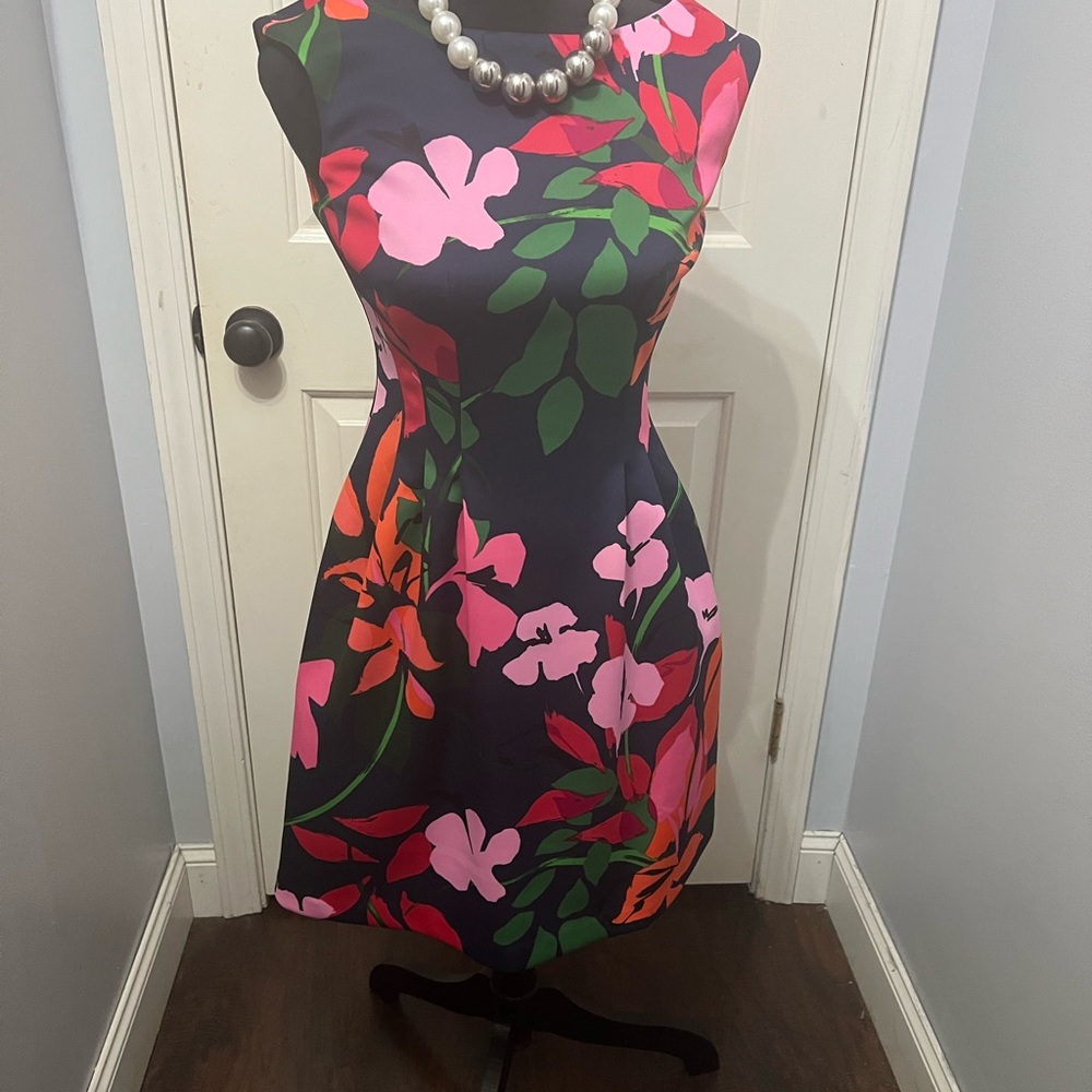 Petite Vince Camuto Vibrant Floral Midi Dress - Pink, Green, and Orange